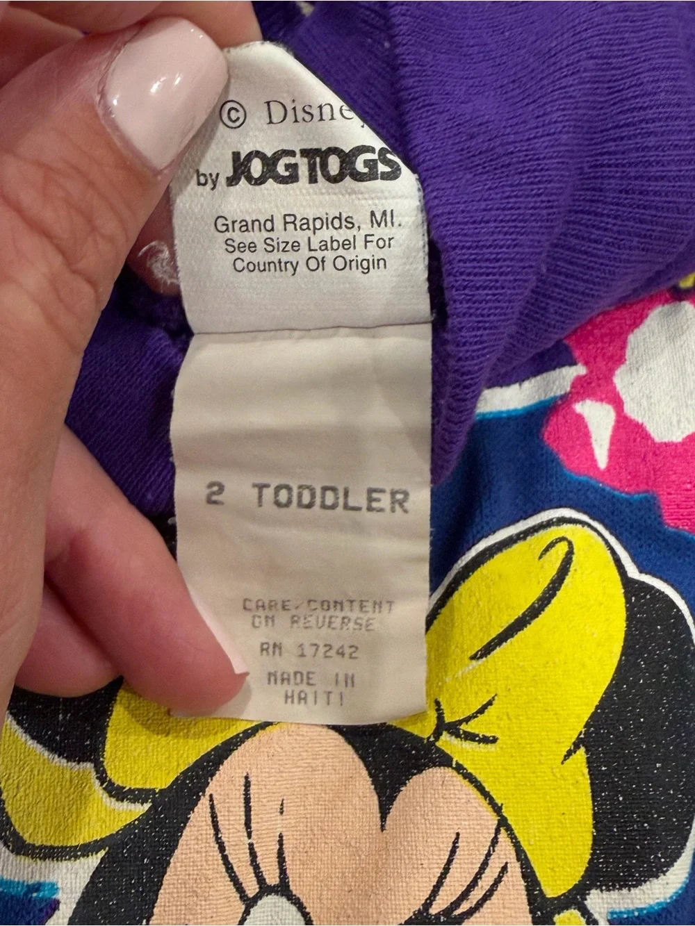 Vintage 80s 90s Disney Minnie Mouse Sweatshirt Toddler 2T Jog Togs Purple Neon